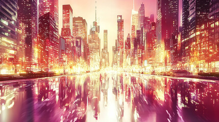 Fototapeta premium Night Cityscape Reflection, Urban Avenue, Skyscrapers, Sunset Glow, Water, Advertising