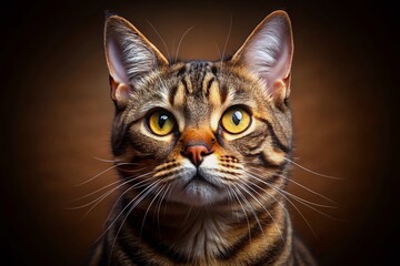 Adorable Tabby Cat Close-Up Portrait with Intense Golden Eyes - Stock Photo