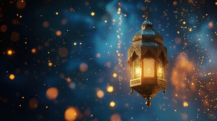  A richly detailed, ornate, hanging lantern, reminiscent of Islamic design, illuminated by soft, golden light radiating outward, against a soft blue color