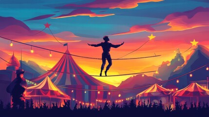 Fototapeta premium Graceful Performer Balancing on Tightrope at Sunset in Colorful Circus