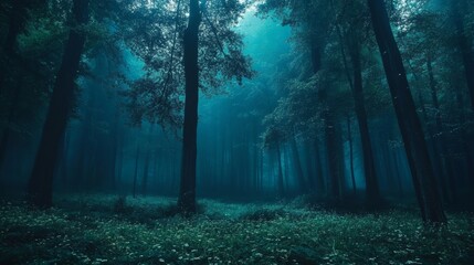 Obraz premium Enigmatic Blue Forest: A Mystical Night in the Woods