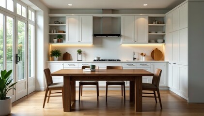 Dark wood dining table contrasts with white kitchen cabinets, breakfast, meal, design
