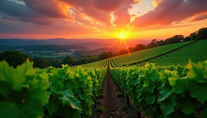Deep green vines stretch across sun-drenched hills, fiery sunset sky , landscape, scenic