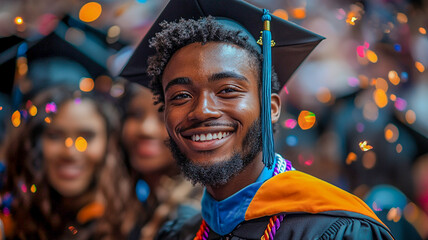 A joyful graduate wearing a cap and gown, surrounded by colorful confetti, celebrating a significant academic achievement.