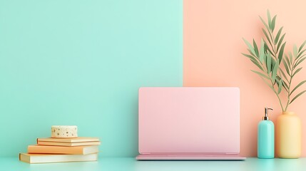 Pastel Pink Laptop on a Mint and Peach Background: A 3D Rendered Desk Setup AI Generated