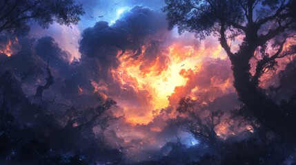 Fiery Celestial Forest: A Surreal Nightscape