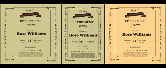Set of retirement party invitation, square banner, instagram story and a4 poster, vector illustration Retirement Flyer Design Template. Retirement Party Invitation Layout, square banner, and a4 poster