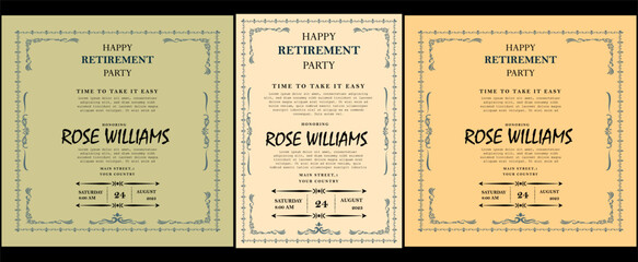 Set of retirement party invitation, square banner, instagram story and a4 poster, vector illustration Retirement Flyer Design Template. Retirement Party Invitation Layout, square banner, and a4 poster