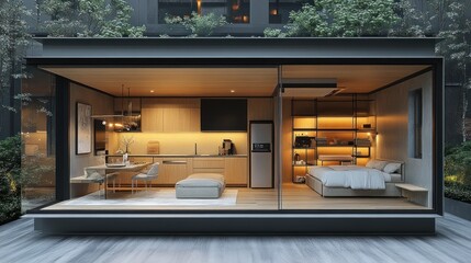 Modern tiny house, city backdrop, interior view, warm lighting, rental