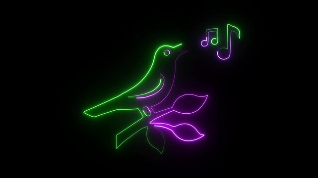 Glowing neon glow bird icon isolated . Bird to sing logo animation on black background. 