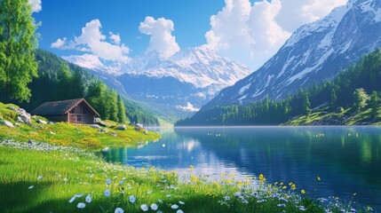 Fototapeta premium Serene Mountain Lake Cabin Escape