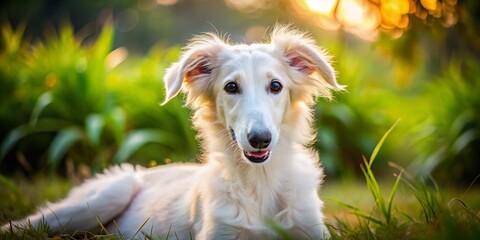 Fototapeta premium Adorable White Russian Borzoi Puppy Playing Candidly