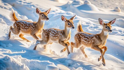 Adorable White-Tailed Deer Fawns Frolicking in Snowy Wonderland: Aerial View