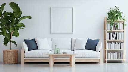 Modern living room with white sofa, blue cushions, and bookshelf