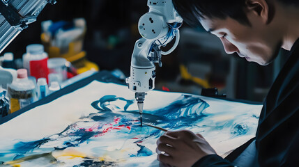 A man is painting a picture with a robot