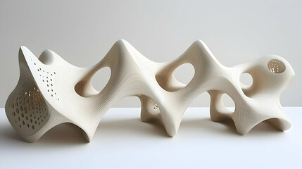Fototapeta premium Abstract Wooden Sculpture Studio Shot, Intricate Design, White Background, Architectural Model