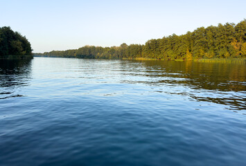 A calm body of water with trees in the background