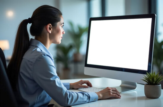 creating comfortable conditions for office workers. A young woman in office clothes is sitting at a computer desk in front of a large computer monitor screen. an empty space for the text.