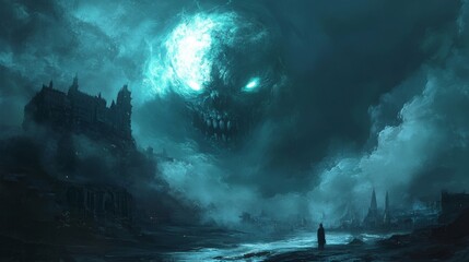 Fototapeta premium The Monstrous Celestial Entity Looms Over the Coastal Castle