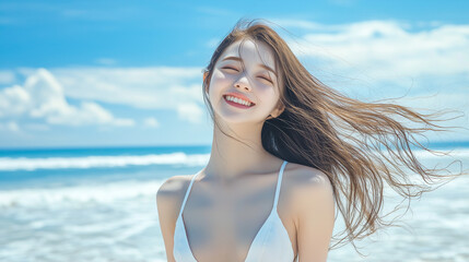 Naklejka premium Smiling Young Woman in Bikini Enjoying a Sunny Day at the Beach