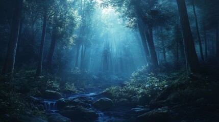 Naklejka premium Enchanted Forest Stream: A Mystical Dawn