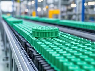 Fototapeta premium Conveyor belts carrying freshly molded plastic parts in an assembly plant