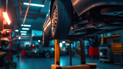 A car lifted on a hydraulic jack, brake system exposed, high-tech auto shop lighting