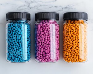 Plastic pellets in vibrant colors being packaged for distribution