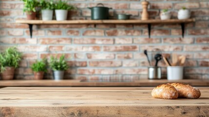 Two loaves of bread on a wooden table in a rustic kitchen. Background with brick wall, shelves, plants, and kitchen utensils.