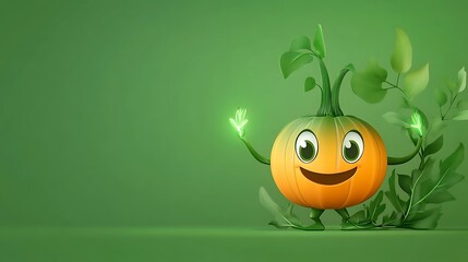 Smiling Pumpkin Character 3D Render: Autumnal Green Background AI Generated