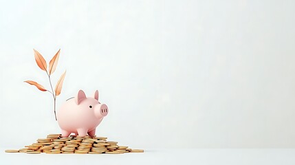 Pink Piggy Bank on Gold Coin Pile: 3D Render of Growing Savings AI Generated