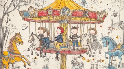 Obraz premium Joyful Children Enjoying a Colorful Carousel Ride at Amusement Park