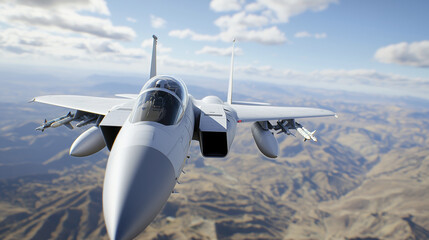 sleek fighter jet soaring through clear blue sky over mountainous terrain, showcasing advanced aerodynamics and military design