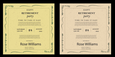 Set of retirement party invitation, square banner, instagram story and a4 poster, vector illustration Retirement Flyer Design Template. Retirement Party Invitation Layout, square banner, and a4 poster