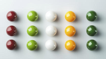 Colorful billiard balls arranged in grid pattern, showcasing vibrant hues
