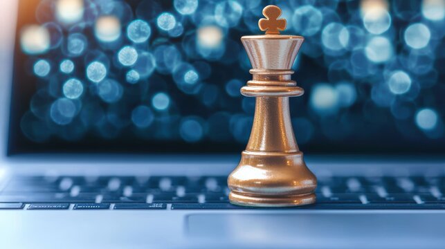 Chess king on a laptop keyboard. Concept of business strategy, online gaming, and digital competition.