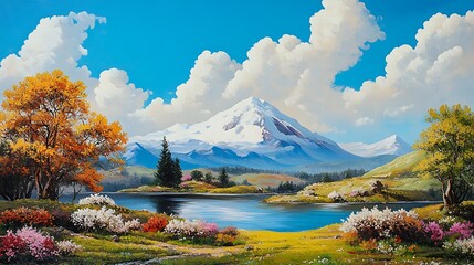 Vibrant Autumn Landscape Painting: Mountain Lake Scene Under a Sunny Sky AI Generated