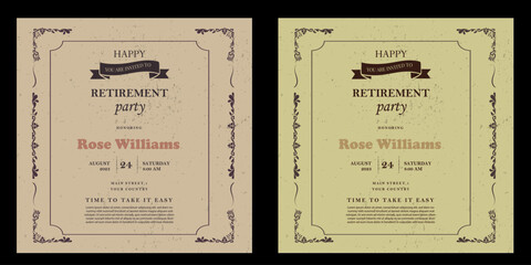 Set of retirement party invitation, square banner, instagram story and a4 poster, vector illustration Retirement Flyer Design Template. Retirement Party Invitation Layout, square banner, and a4 poster