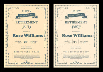 Set of retirement party invitation, square banner, instagram story and a4 poster, vector illustration Retirement Flyer Design Template. Retirement Party Invitation Layout, square banner, and a4 poster