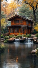 Autumnal cabin, pond, waterfall, park