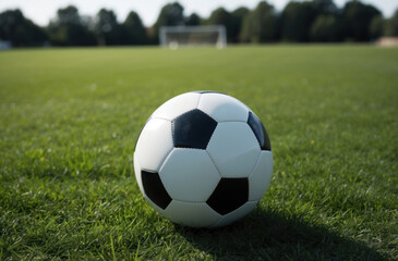 Fototapeta premium soccer ball resting on vibrant, lush green sports grass, creating a classic and energetic image of the game.