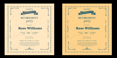 Set of retirement party invitation, square banner, instagram story and a4 poster, vector illustration Retirement Flyer Design Template. Retirement Party Invitation Layout, square banner, and a4 poster