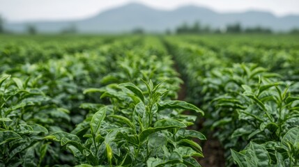Obraz premium Tea plantation with green tea leaves. Concept of agriculture, nature, and environment.