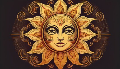Vintage sun illustration with face, symbolic of mythology and folklore