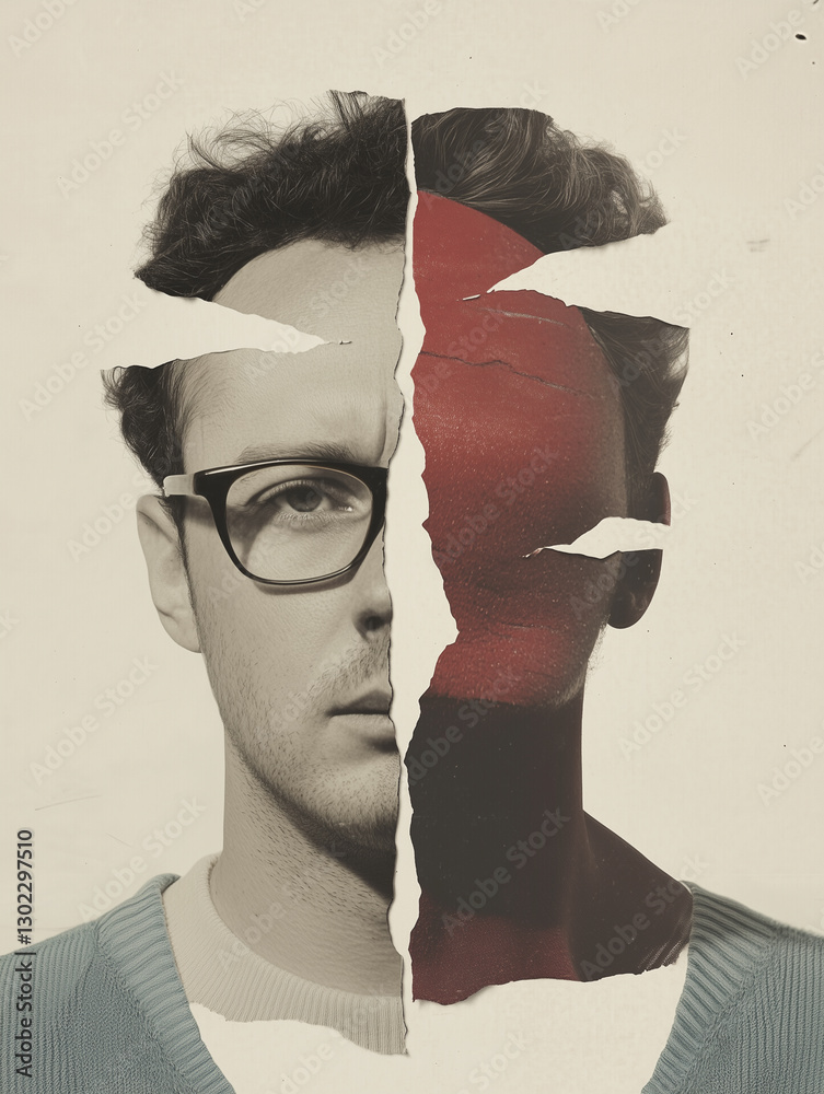 Poster collage style image of man face split vertically, showing contrast