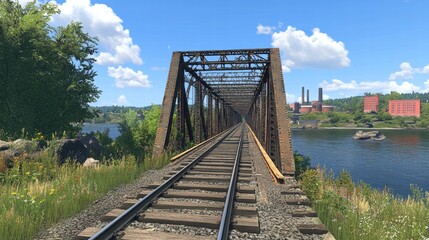 Scenic View of Old Railroad Bridge Over Water with Blue Sky