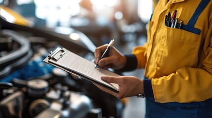 A professional technician reviewing a car maintenance checklist, clipboard in hand, clean and organized workspace