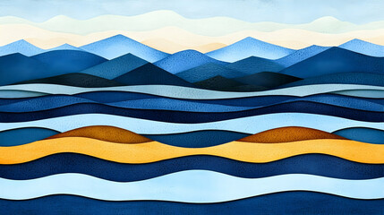Abstract layered paper cut mountainscape ocean scene, calming design, home decor print