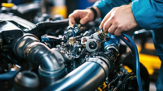 A race car engine being tuned for peak performance, mechanic adjusting turbo components