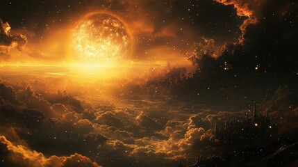 Fototapeta premium Fiery Celestial Cityscape: A Fantasy Planet